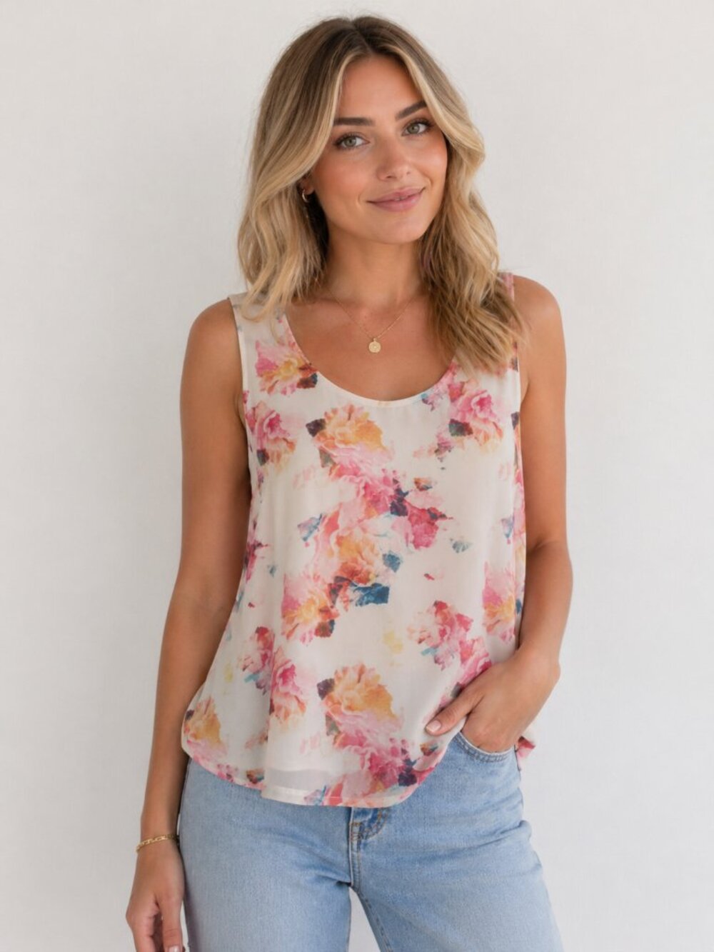 $98 Amanda Green Floral Sheer Blouse Tank Cream Pink Watercolor Top XL